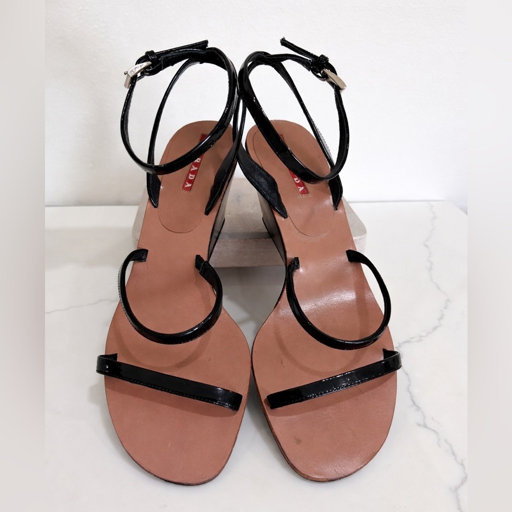 Prada Sport Women’s Vintage Black Strappy Wedge Sandals Black Size 36.5 - Picture 14 of 15